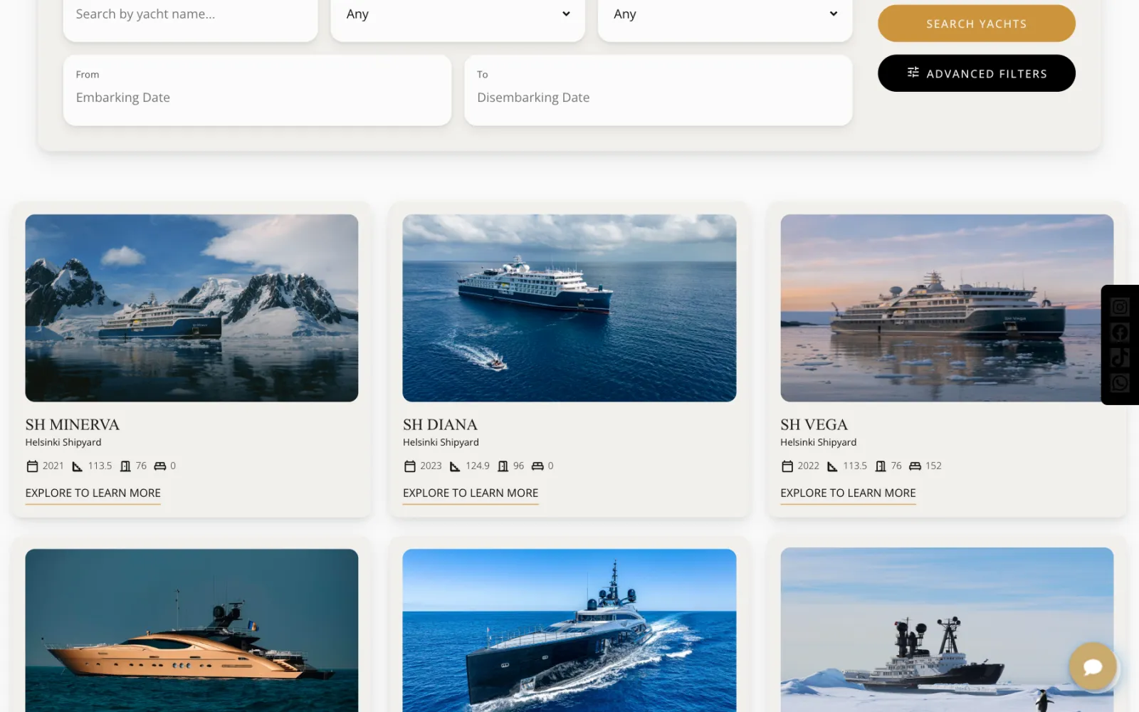 Yacht cards, each showing year, length, cabins, and berths