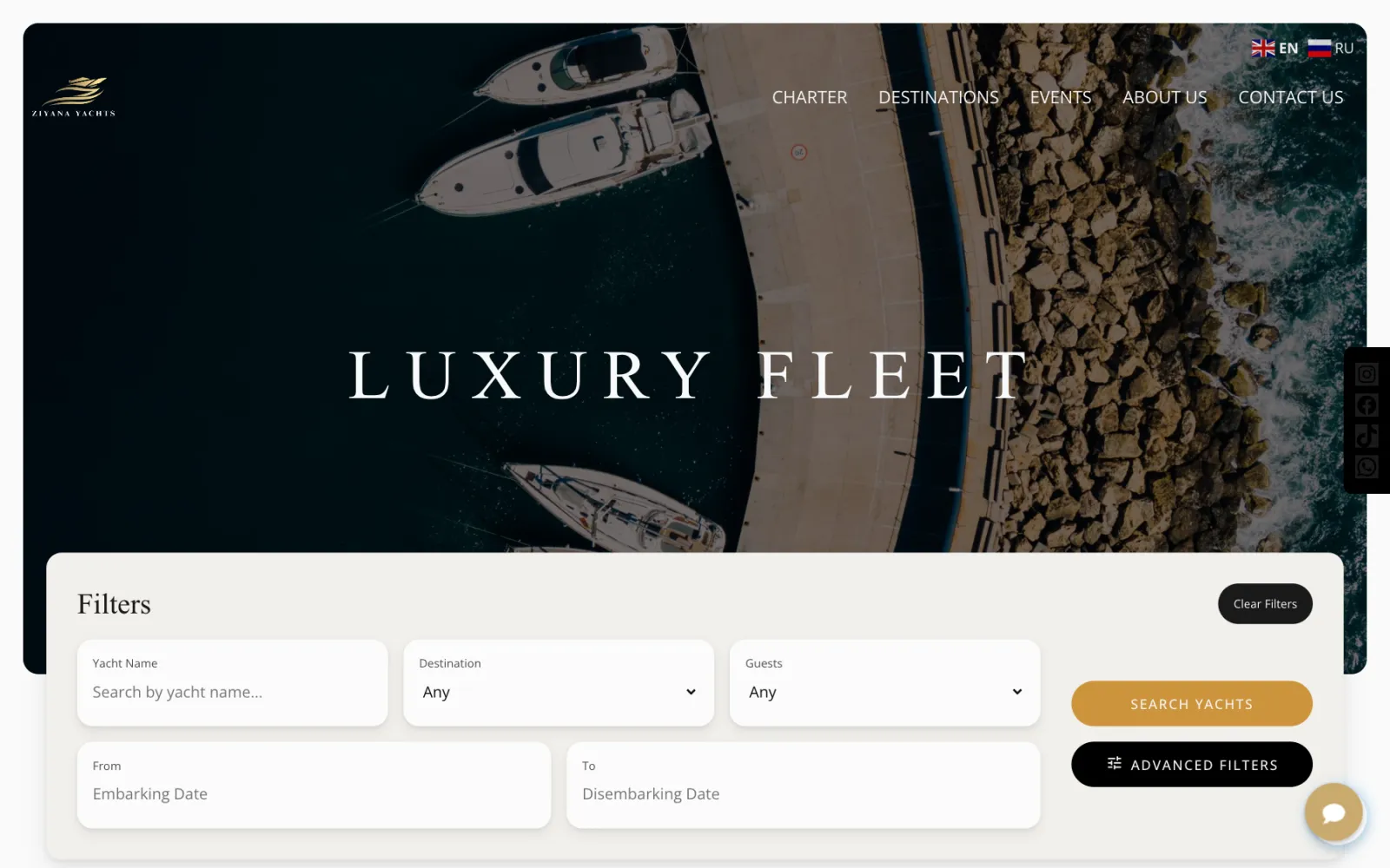 The Ziyana Yachts fleet page, with filters for destination, dates, guests, and yacht type