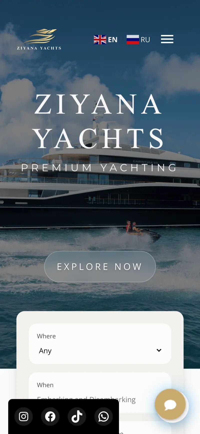 The Ziyana Yachts home page on a phone